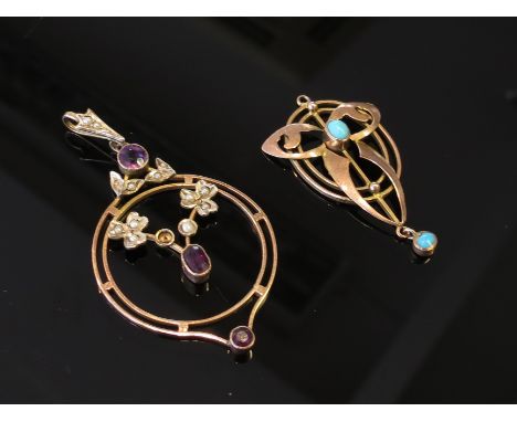 Two Edwardian 9ct gold pendants, amethyst and seed pearl and turquoise set. 4.5g