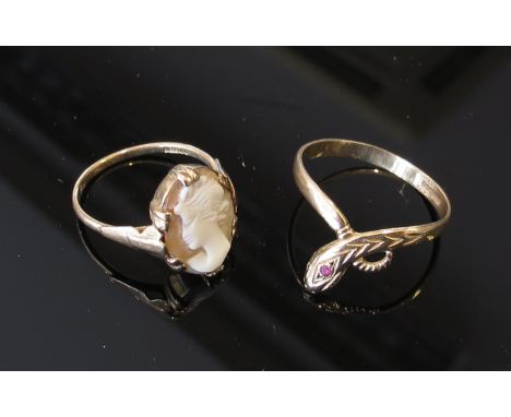 A 9ct gold cameo ring, size K/L and a 9ct gold snake ring size Q, 3.3g