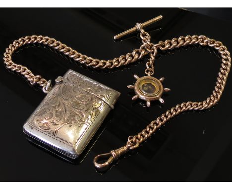 A 9ct gold watch chain with watch bar, hung with a ship's wheel shaped compass fob and a silver vesta case, 45.7g (vesta 26.4