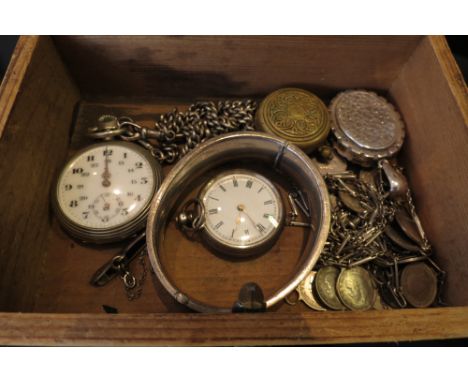 A box of mainly silver items including silver bangle, coin bracelets, silver engraved locket, pocket watches etc