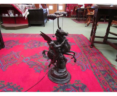 A 19th Century spelter lamp base of Pegasus, signed and titled to the base, 88cm tall
