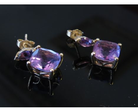 A pair of amethyst drop earrings stamped 9k