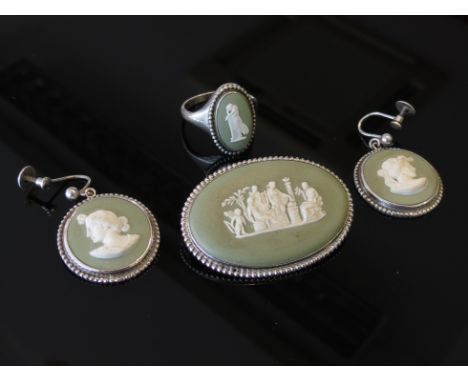 A Wedgwood green cameo brooch, earrings and ring