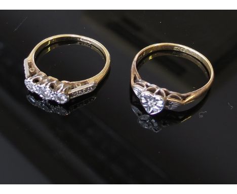 Two gold rings one diamond heart shaped, size K, 1.8g and a diamond set ring, size K, 2.3g, both stamped 18ct