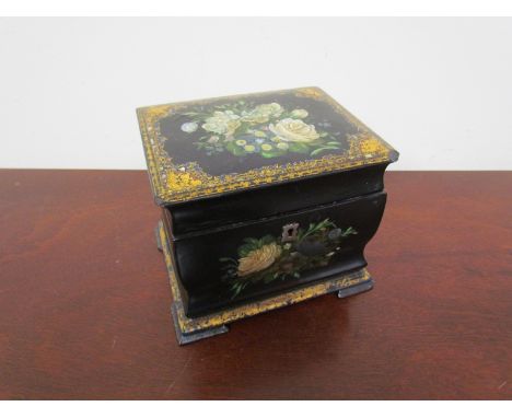 A Victorian paper-mache tea caddy with hand painted floral detail, 11.5cm x 14.5cm x 11.5cm