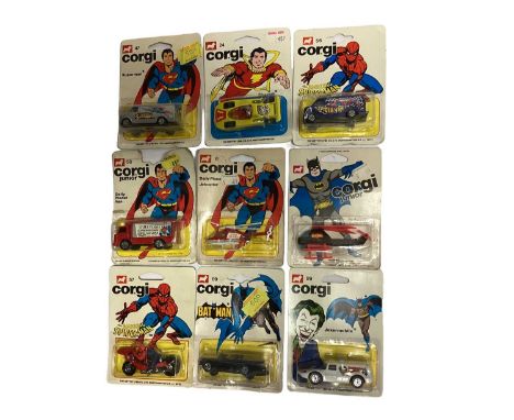 Corgi Super Heroes c1978 DC Comics diecast vehicles, on card with blister packs (15)