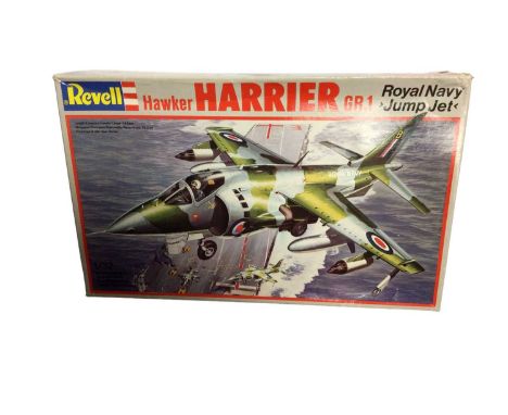 Revell Military model kits including 1:32 Scale Hawker Harrier GR1 Royal Navy Jump Jet No.4729, 1:72 Scale HMS Ark Royal No.5