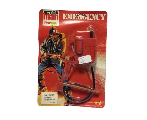 Palitoy Action Man Emergency Outfit &amp; Accessories, vacuum packed on card including Fire Fighter Back Pack &amp; Large Axe