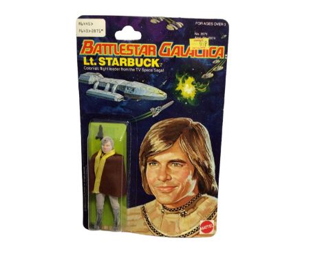 Mattel 1978 Battlestar Galactica Lt Starbucks 4" action figure with colonial blaster &amp; cloth cape, on Series 1 punched ca