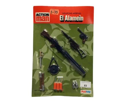 Palitoy Action Man Weapons Arsenal, vacuum packed on card including El Alamein &amp; NATO Night Manoeuvres (2)