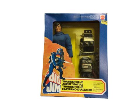 Mattel c1984 Big Jim 9" action figure Thunder Blue Agent Spatial with laser backpack, window box sellotaped No.7290 (1)