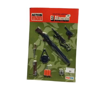 Palitoy Action Man Weapons Arsenal, vacuum packed on card including El Alamein &amp; NATO Night Manoeuvres (2)