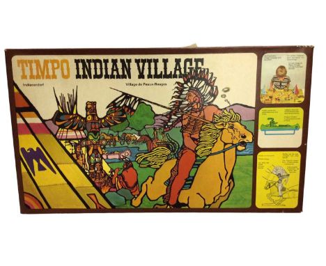 Timpo Indian Village with Wigwams, corral, canoe, totem pole, mounted &amp; foot Indians, horses, trees &amp; layout sheet, b