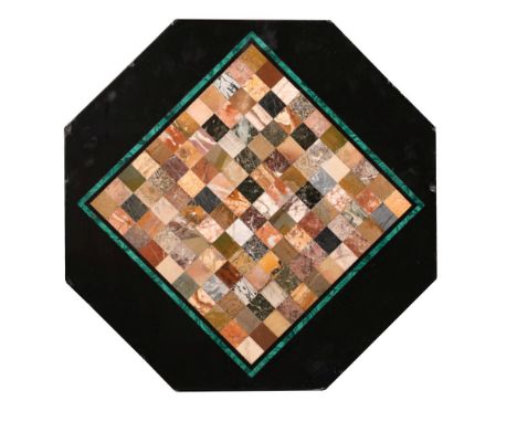 A 19th century octagonal black marble and pietra dura chess board table top, the playing surface within a malachite band 50.5