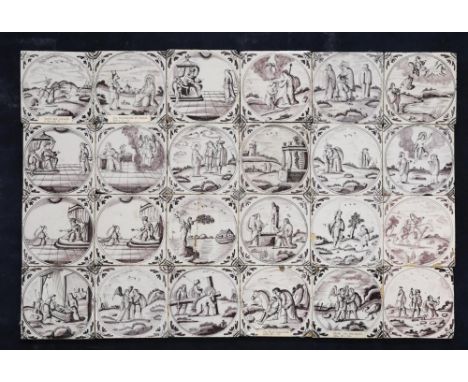 A set of thirty-one 18th century Delft tiles, each decorated in manganese with biblical scenes, including 'the good samaritan