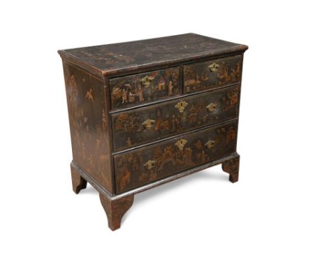 An early 18th century black japanned chest, of two short and two long drawers, decorated with Chinoiseries, with engraved bra