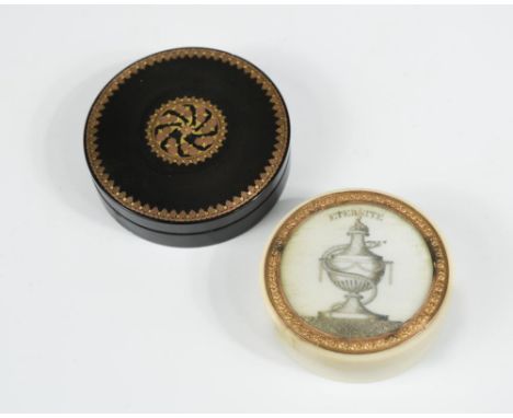 An early 19th century French ivory and yellow metal box and cover, the circular box with tortoiseshell lining and slightly do