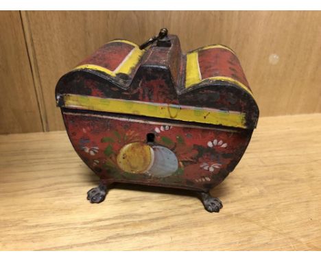 A Regency tole peinte tea caddy, of sarcophagus form painted with fruit raised on paw feet 13 x 14cm (5 x 5in)  