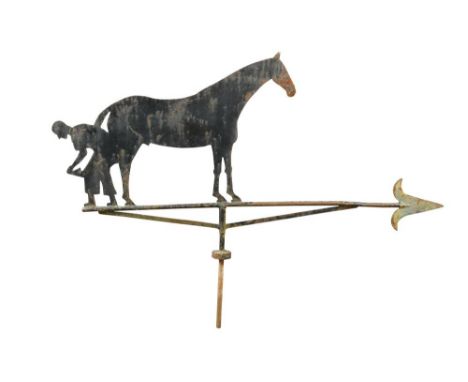 A painted steel weather vane of a Blacksmith shoeing a horse, 75 x 155cm (29 x 60in)  