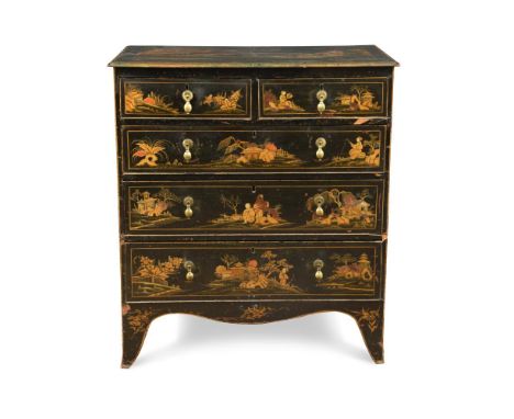 A late George III black japanned chest of drawers, decorated with chinoiseries, on bracket feet 104 x 91 x 47cm (41 x 35 x 18