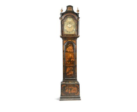 A George III black lacquer longcase clock, circa 1770, the pagoda top hood above silvered arched 12inch dial signed 'Samuel S