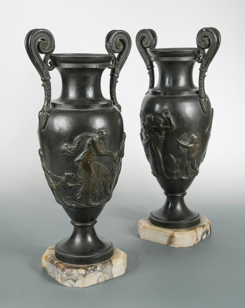After the Antique, a pair of bronze vases, the twinhandled urns forms