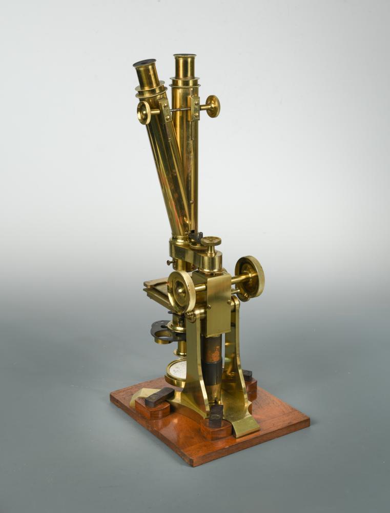 A 19th Century lacquered brass compound binocular microscope, by J