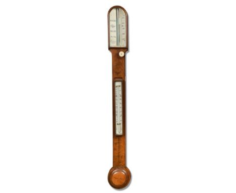 A Victorian Scottish walnut stick barometer, the arched top with ivorine register signed 'Feathers Dundee', vernier adjustmen