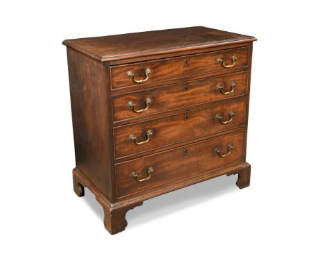 A George III mahogany chest of drawers, fitted four long graduated drawers with brass swan neck handles, on square bracket fe