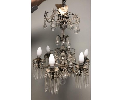A late 19th century French six branch chandelier, decorated with pendant lustres 60 x 45cm (23 x 18in)  