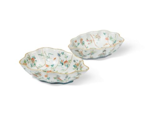 Two similar Chinese famille rose leaf shaped dishes, Tongzhi (1862-1874), each decorated with crickets and insects on blossom