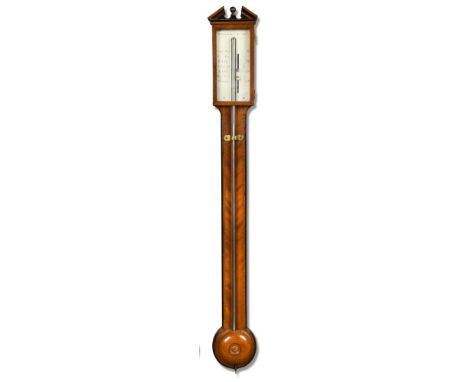 An early 19th century mahogany stick barometer, with broken pediment above rectangular silvered register signed 'Pattrick Lon