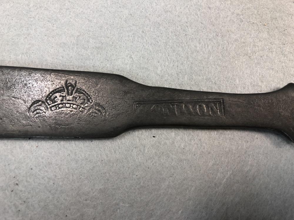 A set of three pewter shaped serving spoons, in Cheffins Fine Art