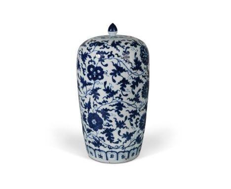 A Chinese blue and white porcelain vase, Qing dynasty, 19th century, the shouldered body and flat cover painted with lotus an