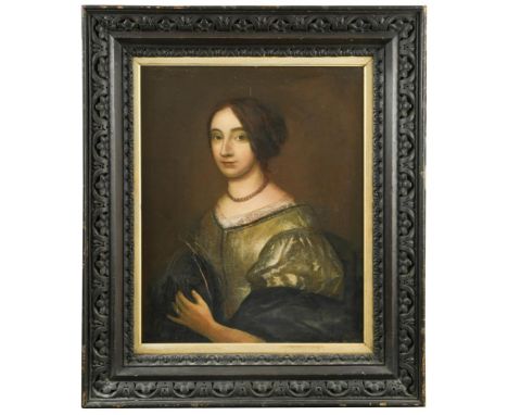 English School, 17th century   Portrait of a lady, head and shoulders, in a lace-trimmed silver dress and dark blue cloak oil