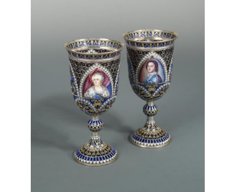 A pair of 20th century plique a jour and enamel goblets, probably Russian, each inset with an arched enamel portrait panel, t