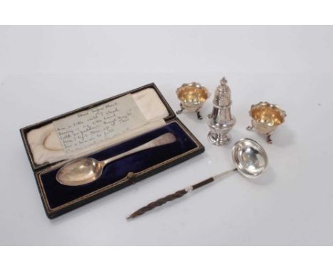 George III silver toddy ladle, (London 1814), together with a silver spoon in fitted case, pair of silver salt cellars and si