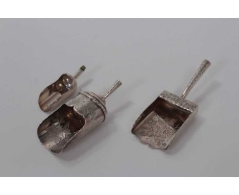 Three  Victorian silver shovel- shaped caddy spoons- handles lacking
