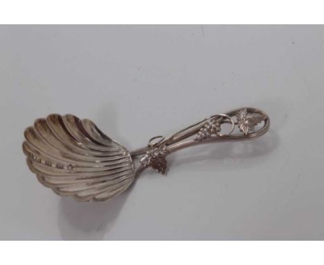 Victorian silver shell bowl caddy spoon with vine decorated handle, Birmingham 1852, George Unite 8cm