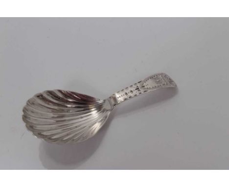 George III silver shell bowl caddy spoon with bright cut decoration, London 1777, Elizabeth Morley, 9cm
