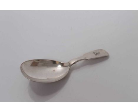 William IV silver teardrop bowl caddy spoon with engraved armorial to handle, Edinburgh 1839, James &amp; Walter Marshall 9.4