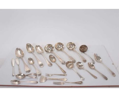 Three Georgian silver table spoons, together with silver ladles, teaspoons and other flatware (various dates and makers), all