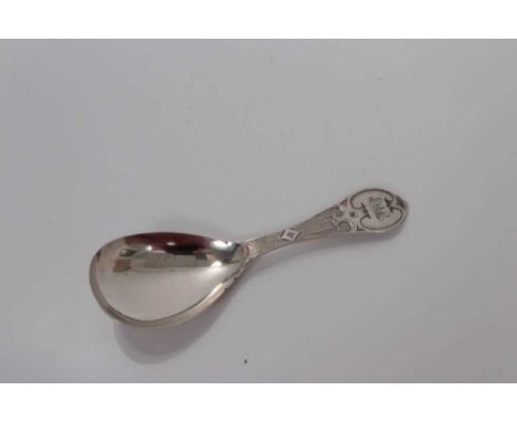 Victorian silver caddy spoon with Gothic engraved decoration, Birmingham 1863, George Unite 9.6 cm