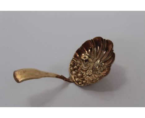 George III silver gilt caddy spoon with embossed fruit bowl and fiddle handle- Birmingham 1813, maker Samuel Pemberton