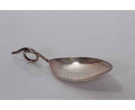 George III silver leaf-shaped bowl caddy spoon with bright cut decoration and loop handle, possibly 1796 maker Edward Mayfiel