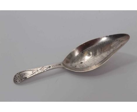 George III silver leaf bowl caddy spoon with bright cut handle, London 1802; Maker possibly Thomas Wallis, 11 cm