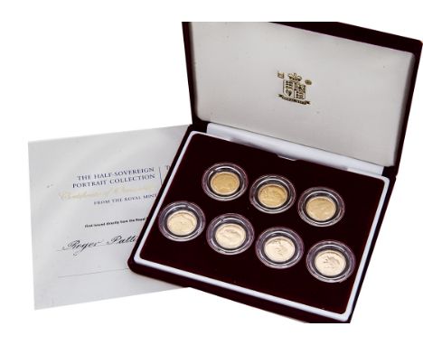 A Royal Mint Half Sovereign Portrait Collection set, in red fitted case, with certificate No.180, containing seven half sover