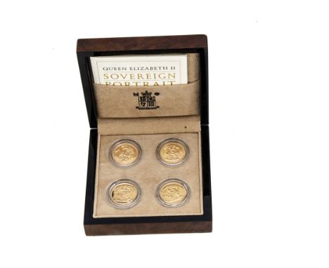 A Royal Mint Queen Elizabeth II Sovereign Portrait Collection, the fitted box containing four full sovereigns dated 1957, 198