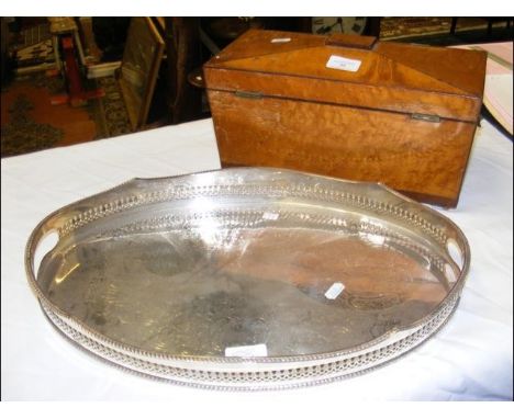 Antique satinwood tea caddy, together with a two handled silver serving tray 