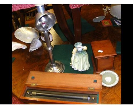 A Roberts boxed metal slide rule, together with Royal Doulton figurine, lamp, Player's No.3 cigarette dispenser, etc. 